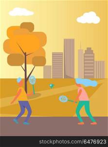 Couple Playing Badminton on Vector Illustration. Couple playing badminton and warming-up in local city park in autumn, having fun surrounded by trees, skyscrapers and fresh air vector illustration
