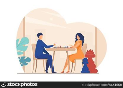 Couple playing chess. Man and woman at chessboard flat vector illustration. Leisure, hobby, intelligence, challenge concept for banner, website design or landing web page