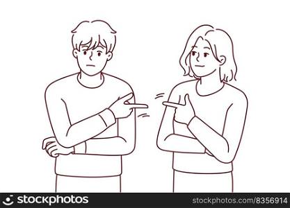 Couple point fingers at each other avoid responsibility in fight or argument. Stubborn man and woman put guilt on one another. Relationship problem. Vector illustration. . Couple point fingers at one another 