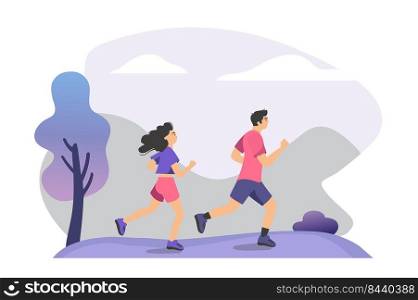 Couple practicing trail run training. People jogging outdoors. Vector illustration for runners, aerobic fitness, health, lifestyle, sport activity concept