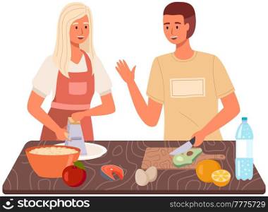 Couple preparing salad. Proper nutrition, healthy lifestyle and vegetarianism concept. Man and woman mixing ingredients for meatless vegetarian dish in kitchen. Family makes vegetarian salad. Man and woman mixing ingredients for meatless dish in kitchen. Family makes vegetarian salad