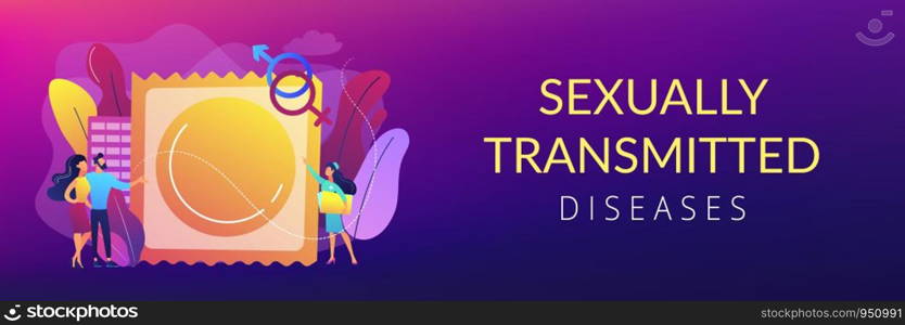 Couple prevent sexually transmitted infections with condom. Sexually transmitted diseases, safer sexual behavior, sexual infection treatment concept. Header or footer banner template with copy space.. Sexually transmitted diseases concept banner header.