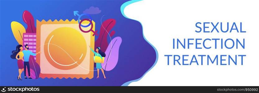 Couple prevent sexually transmitted infections with condom. Sexually transmitted diseases, safer sexual behavior, sexual infection treatment concept. Header or footer banner template with copy space.. Sexually transmitted diseases concept banner header.