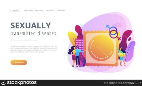 Couple prevent sexually transmitted infections with condom. Sexually transmitted diseases, safer sexual behavior, sexual infection treatment concept. Website vibrant violet landing web page template.. Sexually transmitted diseases concept landing page.