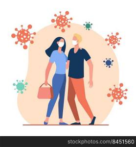Couple protecting from coronavirus outside. Man and woman wearing mask and hugging flat vector illustration. Covid, epidemic, protection concept for banner, website design or landing web page