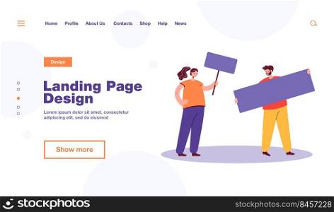 Couple protesting with banner and placard. Male and female characters on demonstration flat vector illustration. Protest, activism, freedom concept for banner, website design or landing web page