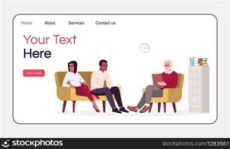 Couple psychotherapy session landing page vector template. Marriage problem. Psychology consultation website interface idea with flat illustration. Homepage layout. Web banner, webpage cartoon concept