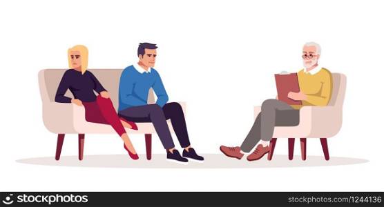 Couple psychotherapy session semi flat RGB color vector illustration. Marriage counseling. Marital conflict. Psychologist appointment. Relationship problems. Isolated cartoon character on white