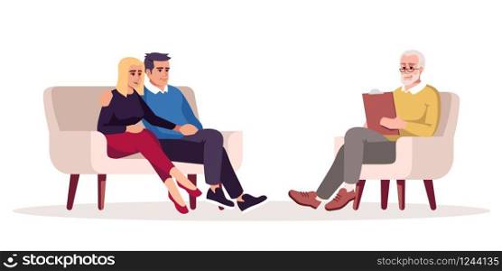 Couple psychotherapy session semi flat RGB color vector illustration. Marriage counseling. Talk therapy. Psychologist appointment. Relationship problems. Isolated cartoon character on white