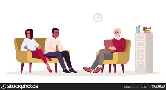 Couple psychotherapy session semi flat RGB color vector illustration. Relationship struggle. Family issues. Marriage problems. Psychology consultation. Isolated cartoon character on white background