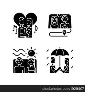 Couple quality time black glyph icons set on white space. Spending free time together as family. Romantic dates ideas. Weekend with partner tips. Silhouette symbols. Vector isolated illustration. Couple quality time black glyph icons set on white space