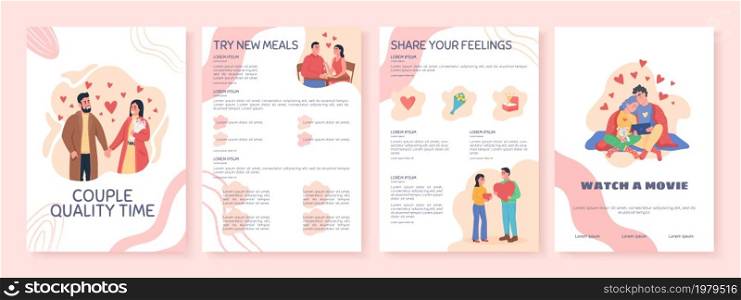 Couple quality time flat vector brochure template. Flyer, booklet, printable leaflet design with flat illustrations. Magazine page, cartoon reports, infographic posters with text space. Couple quality time flat vector brochure template