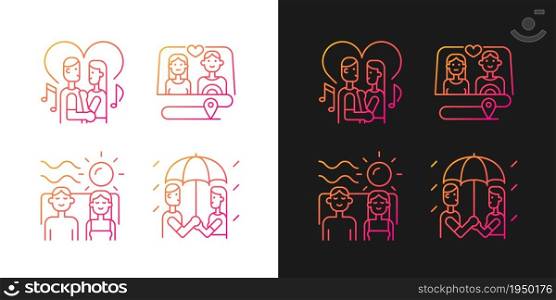 Couple quality time gradient icons set for dark and light mode. Spending time together as family. Thin line contour symbols bundle. Isolated vector outline illustrations collection on black and white. Couple quality time gradient icons set for dark and light mode