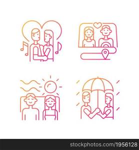 Couple quality time gradient linear vector icons set. Spending free time together as family. Romantic dates ideas. Thin line contour symbols bundle. Isolated outline illustrations collection. Couple quality time gradient linear vector icons set