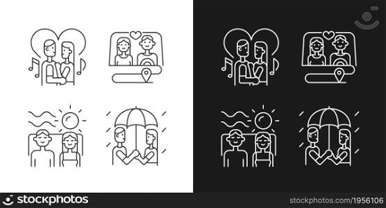 Couple quality time linear icons set for dark and light mode. Spending time as family. Weekend with partner tips. Customizable thin line symbols. Isolated vector outline illustrations. Editable stroke. Couple quality time linear icons set for dark and light mode