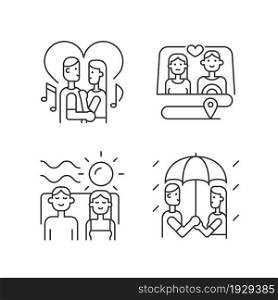 Couple quality time linear icons set. Spending free time as family. Romantic dates. Weekend with partner. Customizable thin line contour symbols. Isolated vector outline illustrations. Editable stroke. Couple quality time linear icons set
