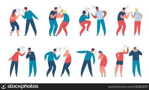 Couple quarrel, family conflict, angry men and women arguing. Couples fighting, characters yell at each other, relationship problems vector set. Husband and wife having furious behavior. Couple quarrel, family conflict, angry men and women arguing. Couples fighting, characters yell at each other, relationship problems vector set