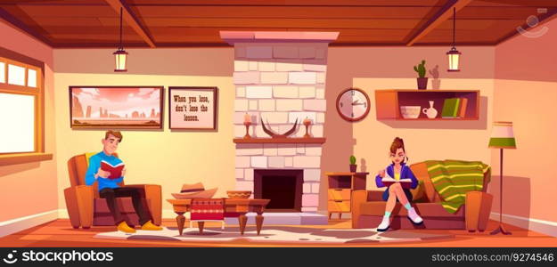 Couple reading in home living room with fireplace cartoon vector background. House interior with vintage couch and armchair. Girl and man sitting inside rustic chalet hotel lounge with bookshelf. Couple reading in home living room with fireplace