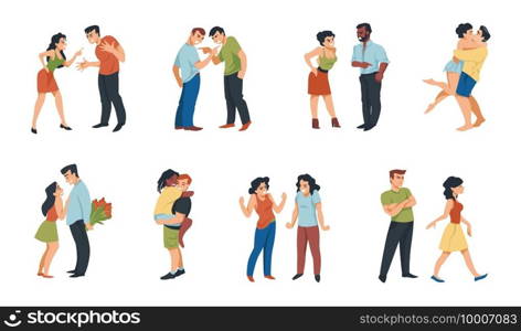 Couple relationship. Cartoon scenes of romantic dates or quarreling people. Stressed angry characters shout and complain to each other. Happy men and women in love hugging or kissing, vector set. Couple relationship. Cartoon scenes of romantic dates or quarreling people. Stressed characters shout and complain to each other. Happy men and women hugging or kissing, vector set