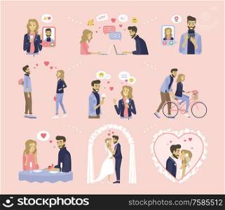 Couple relationship, dating and wedding vector. Online messaging, bouquet and ice cream, bicycle riding and proposal in restaurant, marriage ceremony. Love, Dating and Wedding, Couple Relationship