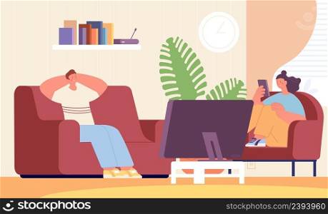 Couple relax in living room. Man and woman rest at home. Watching tv and surfing in internet. Girl sitting in chair and using smartphone, vector concept. Illustration of woman and man at home. Couple relax in living room. Man and woman rest at home. Watching tv and surfing in internet. Girl sitting in chair and using smartphone, vector concept