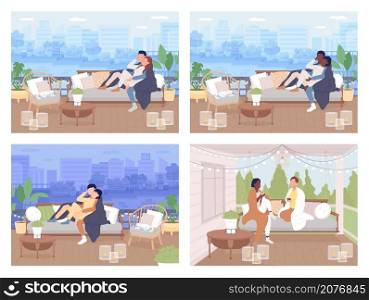 Couple relax outdoor flat color vector illustration set. Romantic date on rooftop. Spend time with friend on porch. Resting together 2D cartoon characters with outdoor scene on background collection. Couple relax outdoor flat color vector illustration set