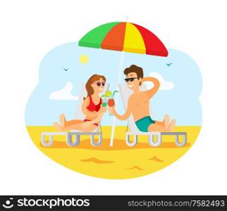 Couple relaxing by seaside together vector, summer vacation of people. Man and woman drinking cocktail laying under colorful umbrella on chaise longue. People by Seaside Drinking Cocktails, Sunny Beach