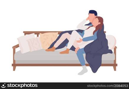 Couple resting on sofa semi flat color vector characters. Interacting figures. Full body people on white. Hygge isolated modern cartoon style illustration for graphic design and animation. Couple resting on sofa semi flat color vector characters