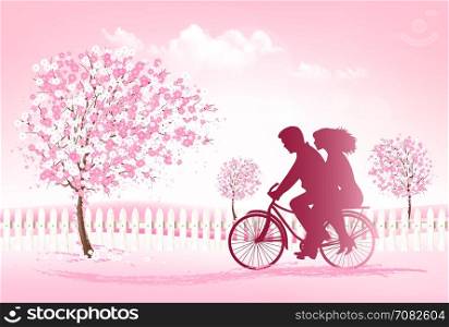 Couple riding a bike in a park.