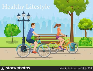 Couple Riding Bicycles In Public Park, Vector illustration in flat design. Couple Riding Bicycles In Public Park,