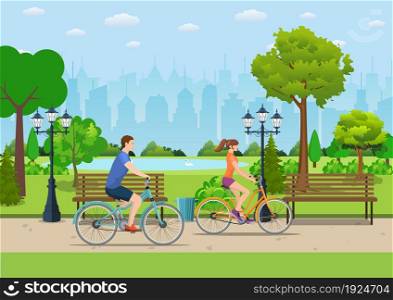 Couple Riding Bicycles In Public Park, Vector illustration in flat design. Couple Riding Bicycles In Public Park,
