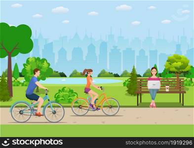 Couple Riding Bicycles In Public Park, Young woman works in park with computer on bench Vector illustration in flat design. Couple Riding Bicycles In Public Park,