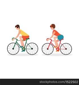 Couple Riding Bicycles isolated on white background,Flat Design healthy lifestyle conceptual vector illustration.