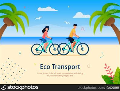 Couple Riding Bicycles on Beach Banner Vector Illustration. Happy Cartoon Man and Woman near Sea and Palm Trees with Coconuts. Rest and Relax. Ecological Transport. Healthy Lifestyle.. Couple Riding Bicycle on Beach near Sea and Palm.