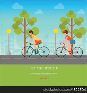 Couple Riding Bicycles on road on city view background,Flat Design healthy lifestyle conceptual vector illustration.