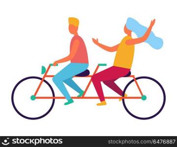 Couple Riding on Tandem or Twin Bicycle Isolated. Couple riding on tandem or twin bicycle isolated on white background. Happy family spend time together, lady in blue shawl on head