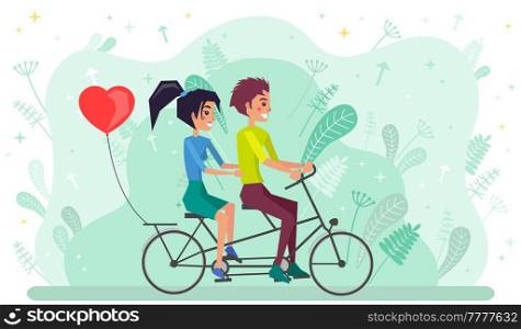 Couple riding twin or tandem bicycle. Woman and man spend time on date actively. Summer activity concept. People on date ride bike for two. Loving characters in tandem on abstract floral background. Loving characters in tandem on abstract floral background. People on date ride bike for two
