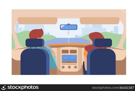 Couple riding vehicle. Back view of driver and passenger inside car interior. View from backseat. Vector illustration for driving, transportation, automobile, traffic concept