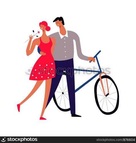 Couple romantic dating with bicycle. Vector young man or boy embracing girl or woman with flowers in hand. Couple romantic dating with vector bicycle