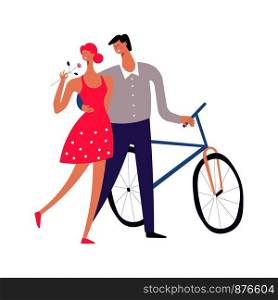 Couple romantic dating with bicycle. Vector young man or boy embracing girl or woman with flowers in hand. Couple romantic dating with vector bicycle