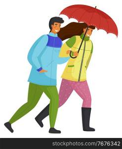Couple running in rain. Happy man and woman are walking along city street under an umbrella isolated on white background. Beautiful married people have romantic relationship, cartoon flat characters. Couple running in rain. Happy man and woman are walking along city street under an umbrella