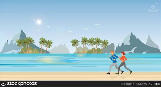 Couple running on beach landscape background. Summer vacation. healty lifestyle cartoon Vector illustration.