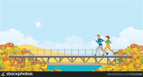 Couple running on bridge in autumn landscape mountains with colors of leaves.healty life style cartoon Vector illustration.