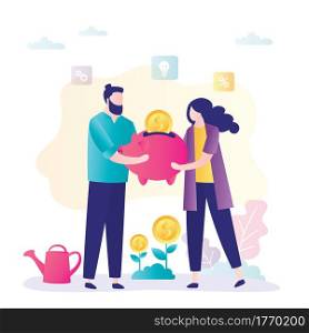 Couple saves money in piggy bank. Team invests money in startup project. Concept start up capital. Idea of business investment, increase and growth. Future financial planning. Flat vector illustration. Couple saves money in piggy bank. Team invests money in startup project. Concept start up capital