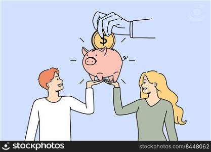 Couple saving money in piggy bank care about future investments. Young family manage finances in piggybank. Financial stability and banking. Vector illustration.. Couple saving money in piggybank