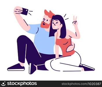 Couple selfie flat vector illustration. Young man and woman taking self portrait on phone using mobile phone camera. Friends meeting capturing isolated cartoon character on white background