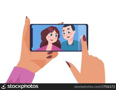 Couple selfie. Happy man and woman taking pictures on smartphone. Cartoon smiling people posing together and shooting photography on phone. Vector young female holding device and looking at photos. Couple selfie. Happy man and woman taking pictures on smartphone. Cartoon people posing together and shooting photography on phone. Vector female holding device and looking at photos