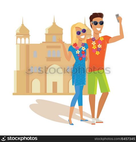 Couple Selfie on Summer Vacation in India. Summer vacation in India concept. Honeymoon in exotic country vector illustration. Selfie on background of famous historical monuments. Couple taking picture near asian historic building.