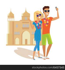 Couple Selfie on Summer Vacation in India. Summer vacation in India concept. Honeymoon in exotic country vector illustration. Selfie on background of famous historical monuments. Couple taking picture near asian historic building.