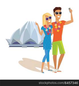 Couple Selfie on Summer Vacation in India. Summer vacation in India concept. Honeymoon in exotic country vector illustration. Selfie on background of famous historical monuments. Couple taking picture near Lotus temple.